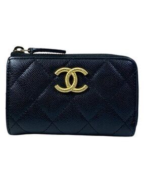 Chanel Classic Coin Purse Quilted CC Logo Caviar Leather Black Gold Pink